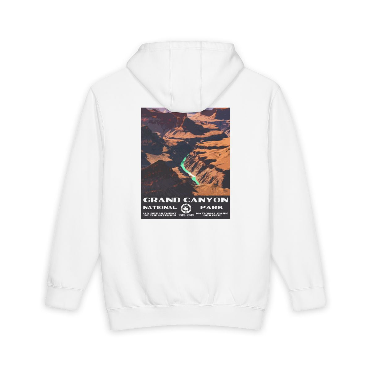 White Grand Canyon National Park hoodie, back view with national park poster artwork