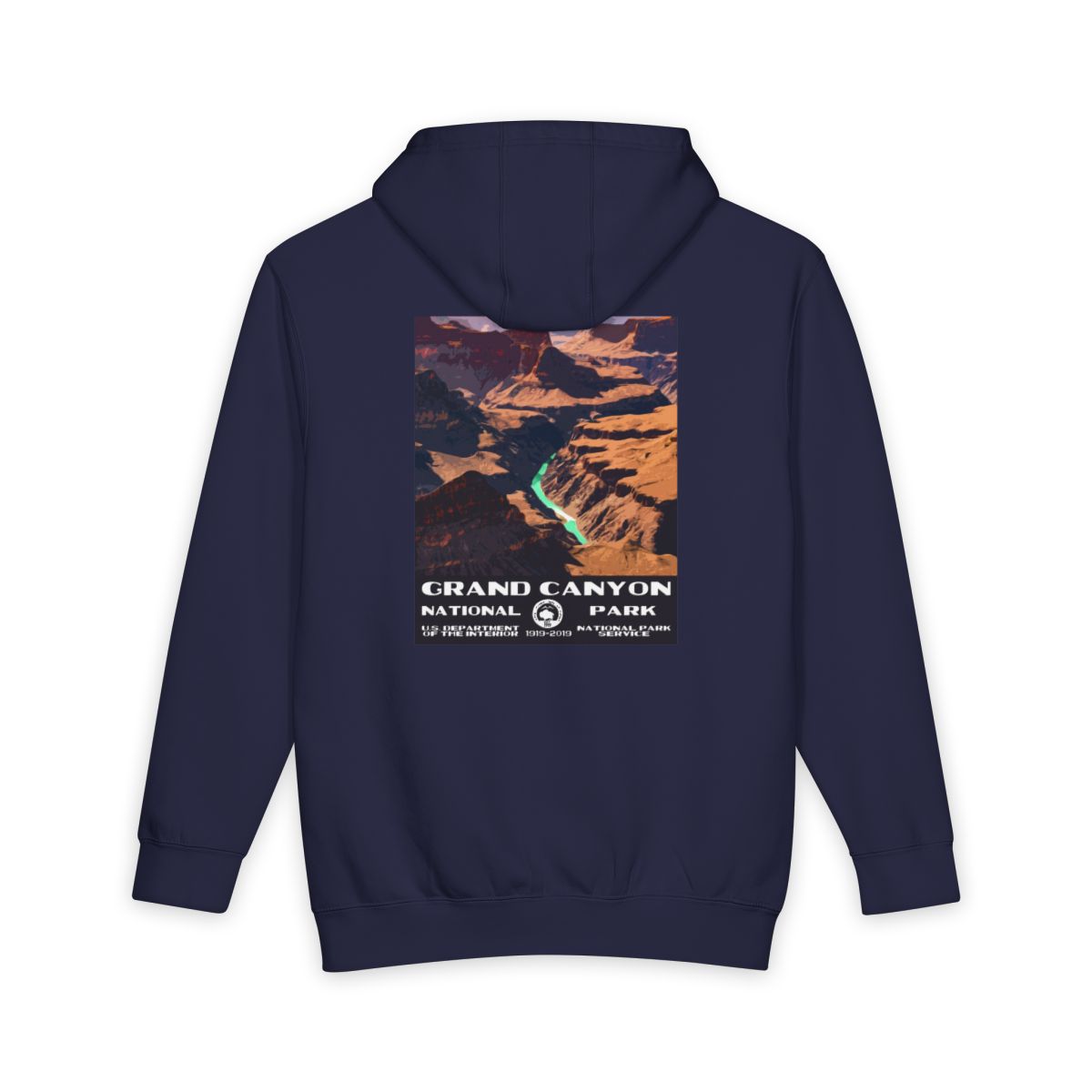 Navy Blue Grand Canyon National Park hoodie, back view with national park poster artwork