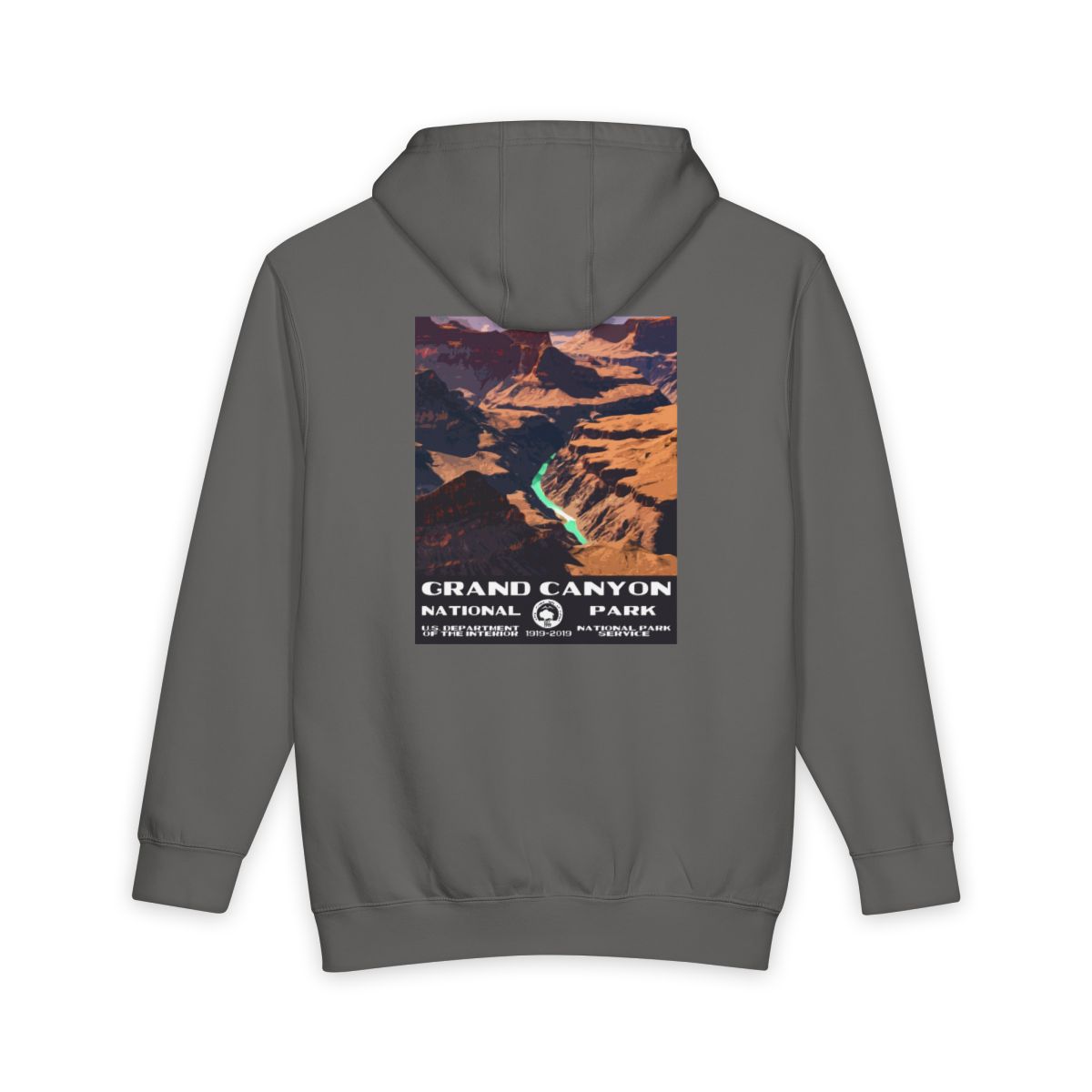 Storm Grand Canyon National Park hoodie, back view with national park poster artwork