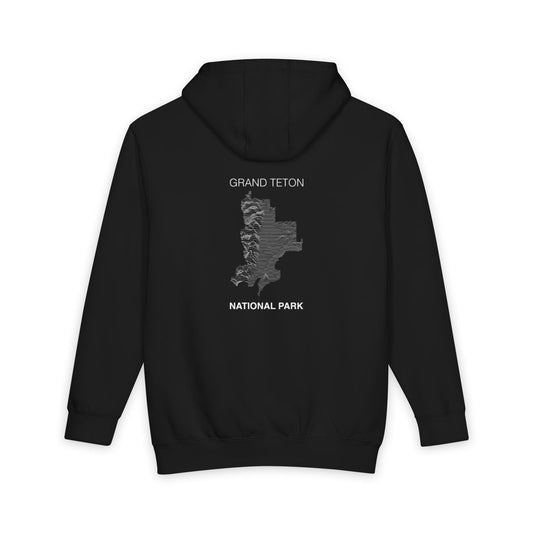 Black Grand Teton National Park hoodie, back view with topographic line design