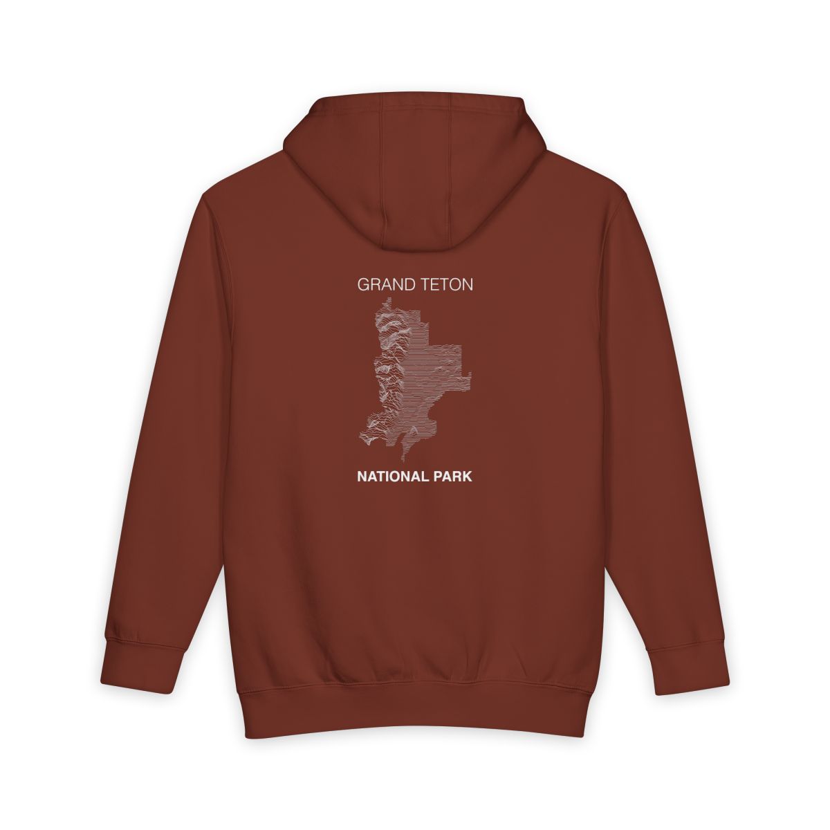 Paprika Grand Teton National Park hoodie, back view with topographic line design