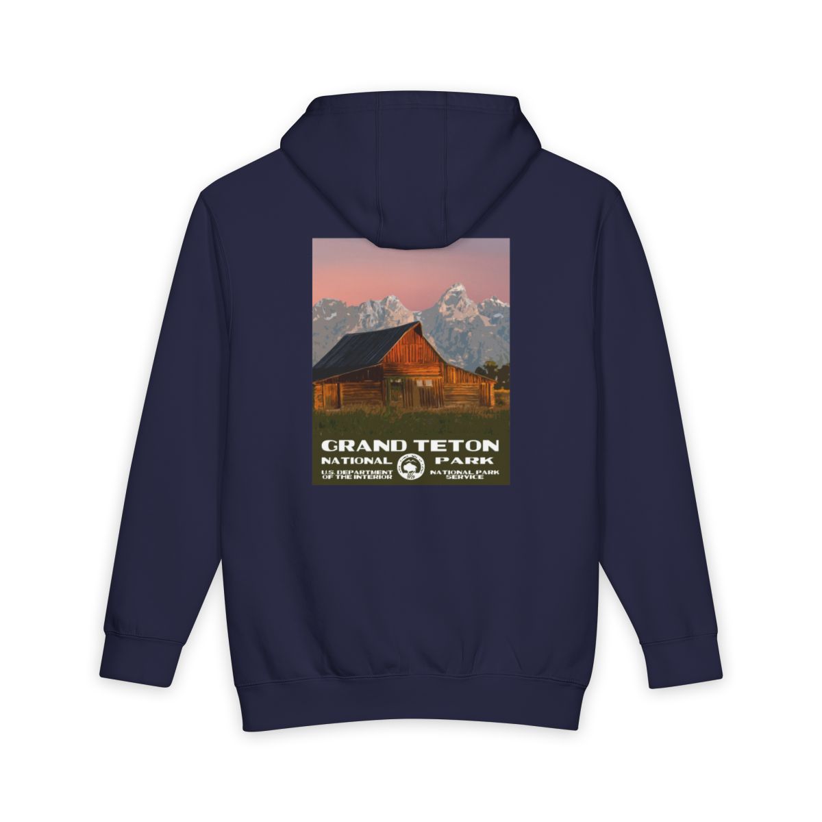 Navy Blue Grand Teton National Park hoodie, back view with moulton barn poster artwork