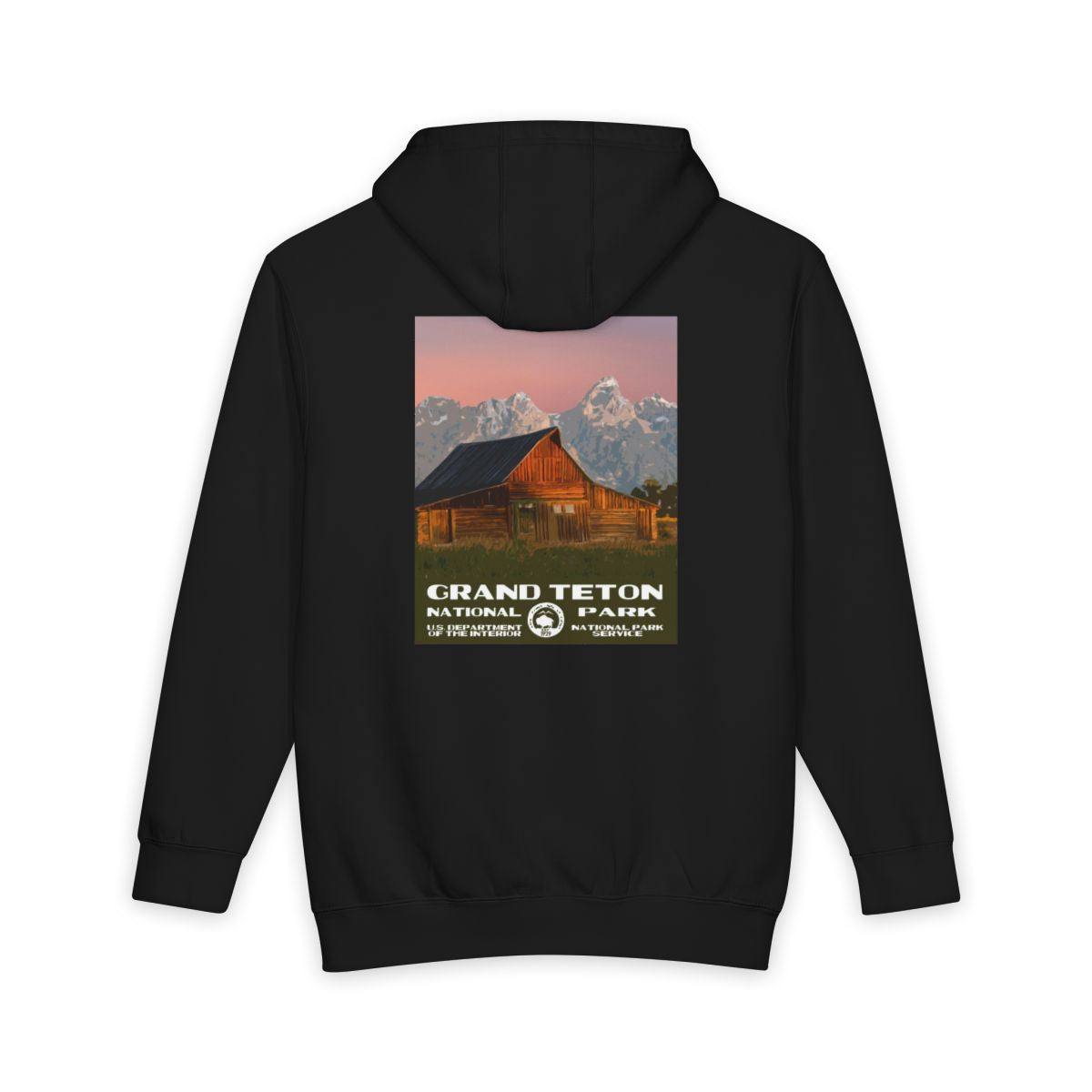 Black Grand Teton National Park hoodie, back view with moulton barn poster artwork
