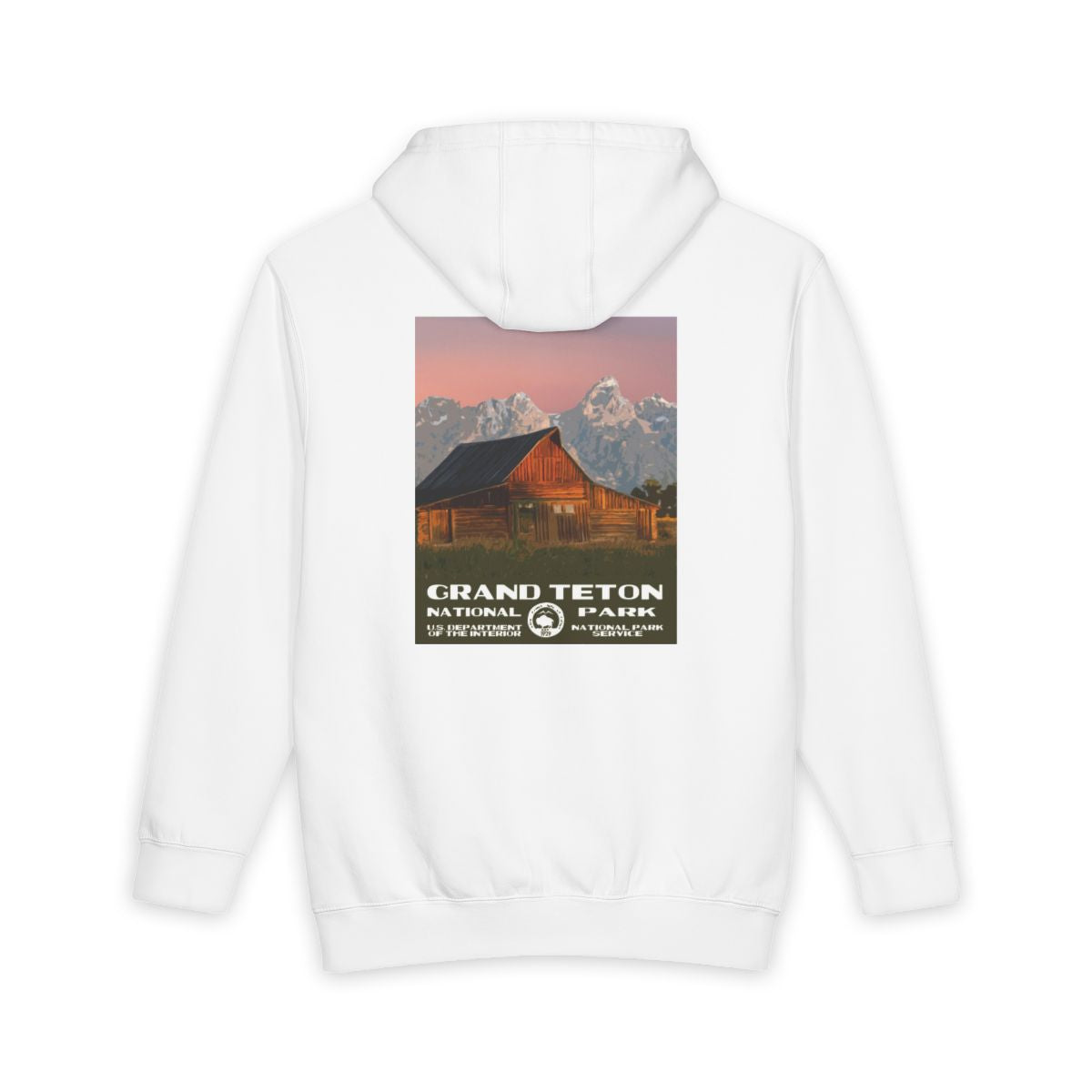 White Grand Teton National Park hoodie, back view with moulton barn poster artwork