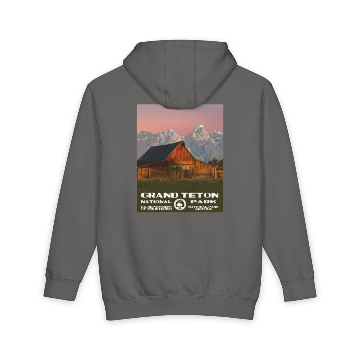 Storm Grand Teton National Park hoodie, back view with moulton barn poster artwork