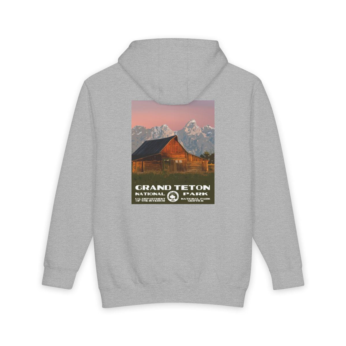 Heather Grey Grand Teton National Park hoodie, back view with moulton barn poster artwork
