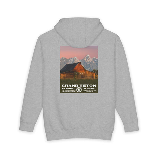 Heather Grey Grand Teton National Park hoodie, back view with moulton barn poster artwork