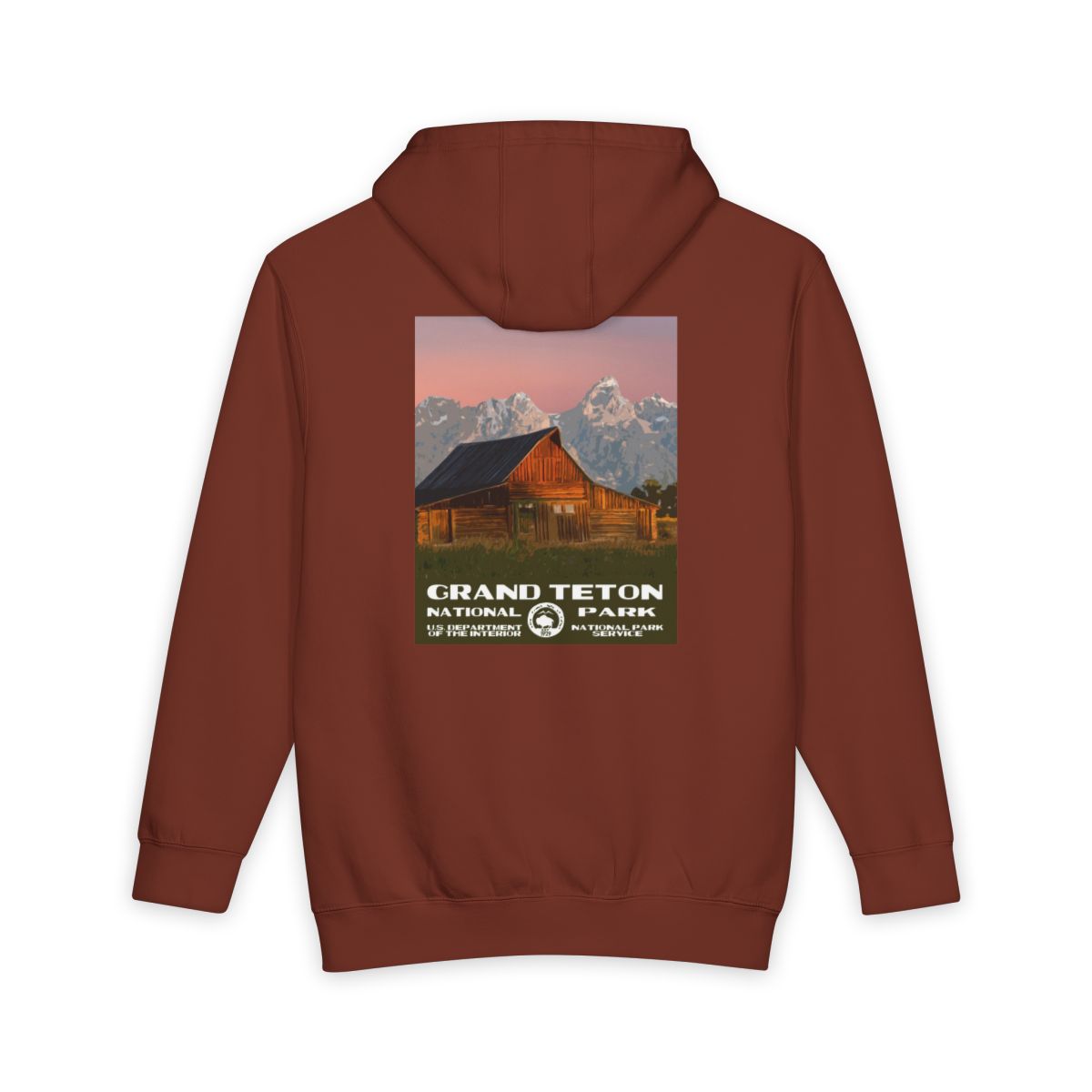 Paprika Grand Teton National Park hoodie, back view with moulton barn poster artwork