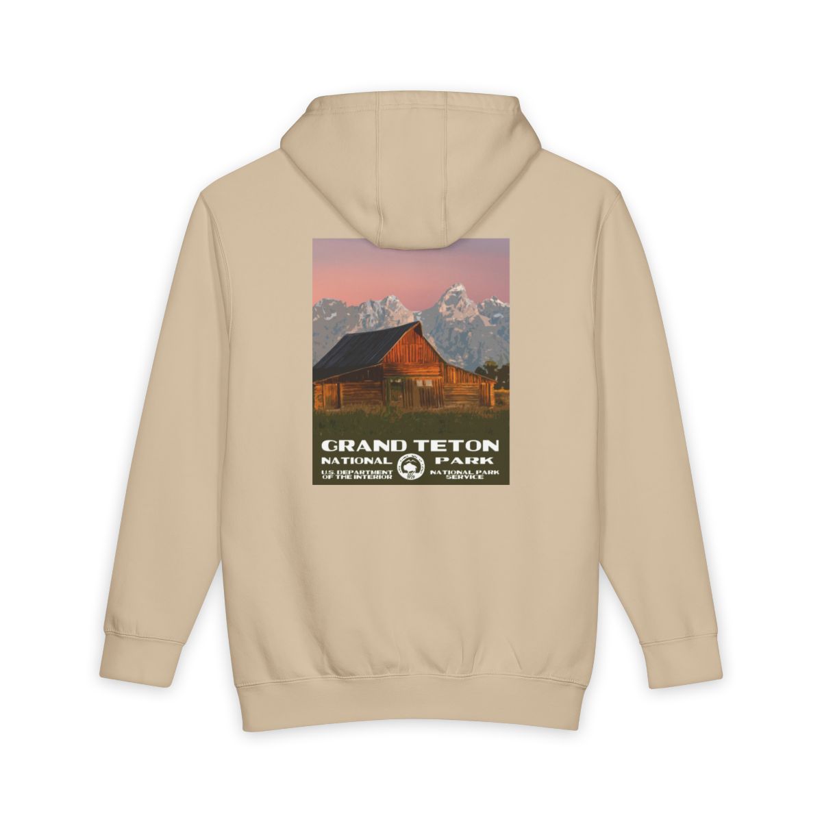 Mushroom Grand Teton National Park hoodie, back view with moulton barn poster artwork