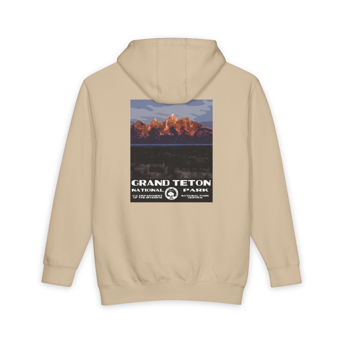 Mushroom Grand Teton National Park hoodie, back view with sunrise poster artwork