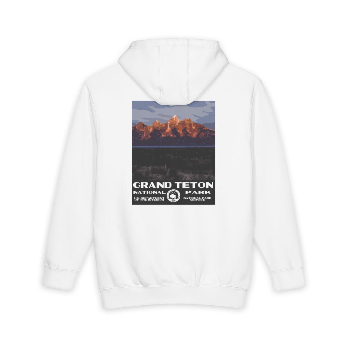 White Grand Teton National Park hoodie, back view with sunrise poster artwork