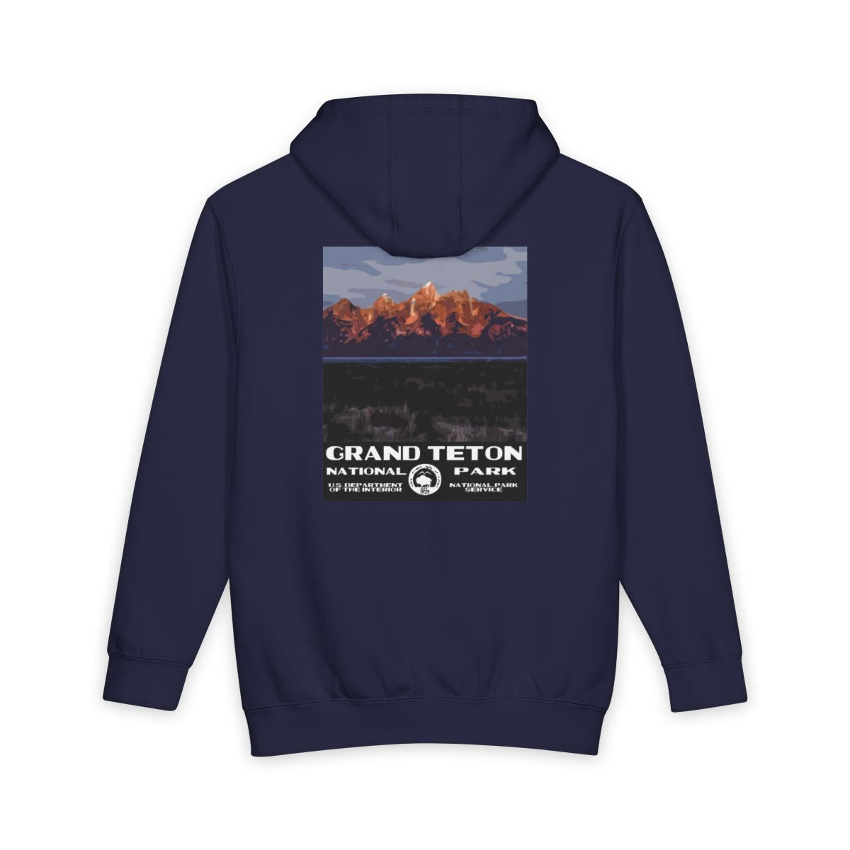 Navy Blue Grand Teton National Park hoodie, back view with sunrise poster artwork