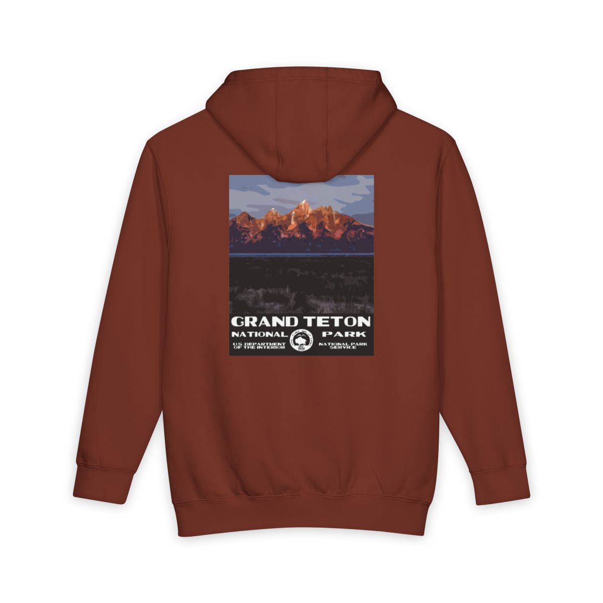 Paprika Grand Teton National Park hoodie, back view with sunrise poster artwork