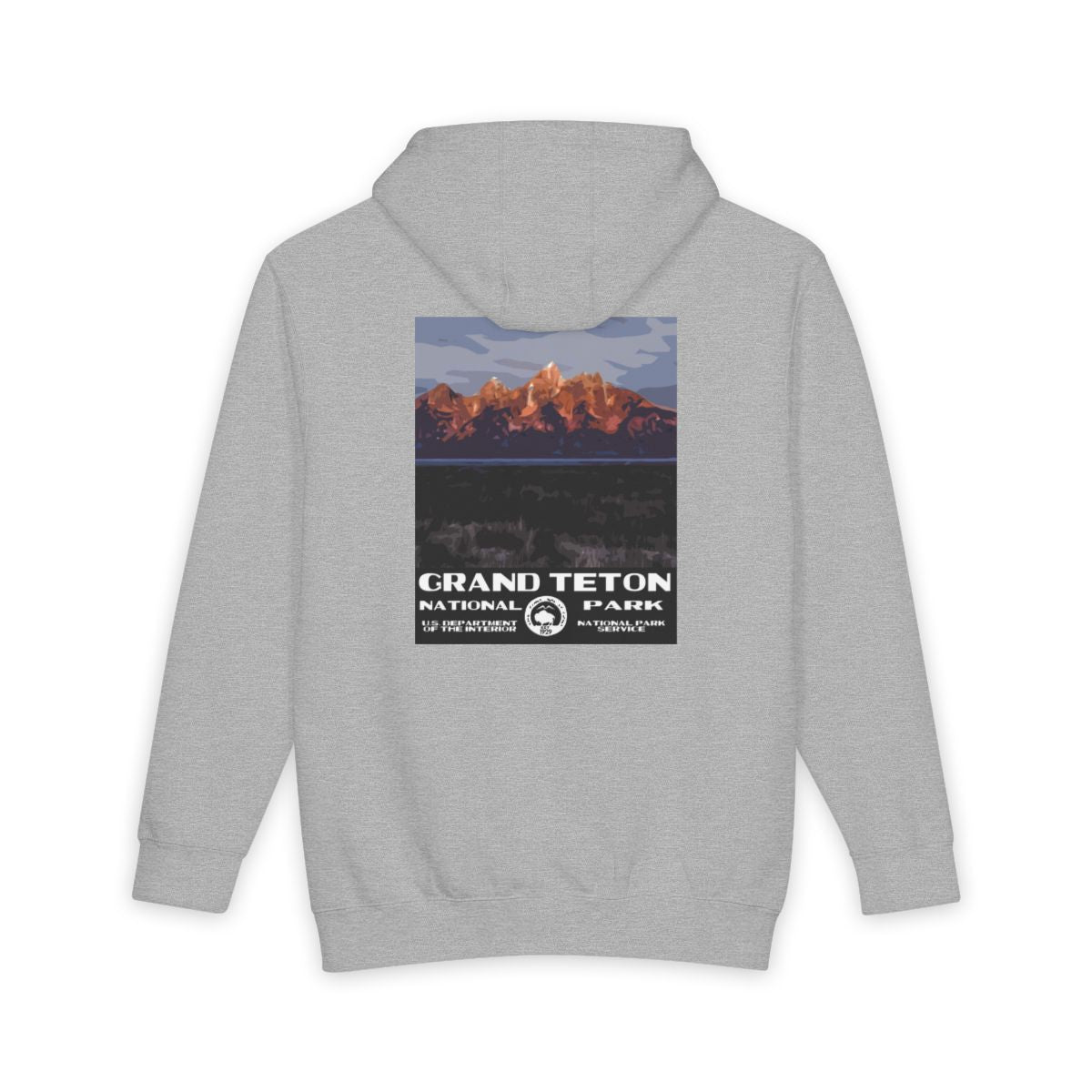 Heather Grey Grand Teton National Park hoodie, back view with sunrise poster artwork