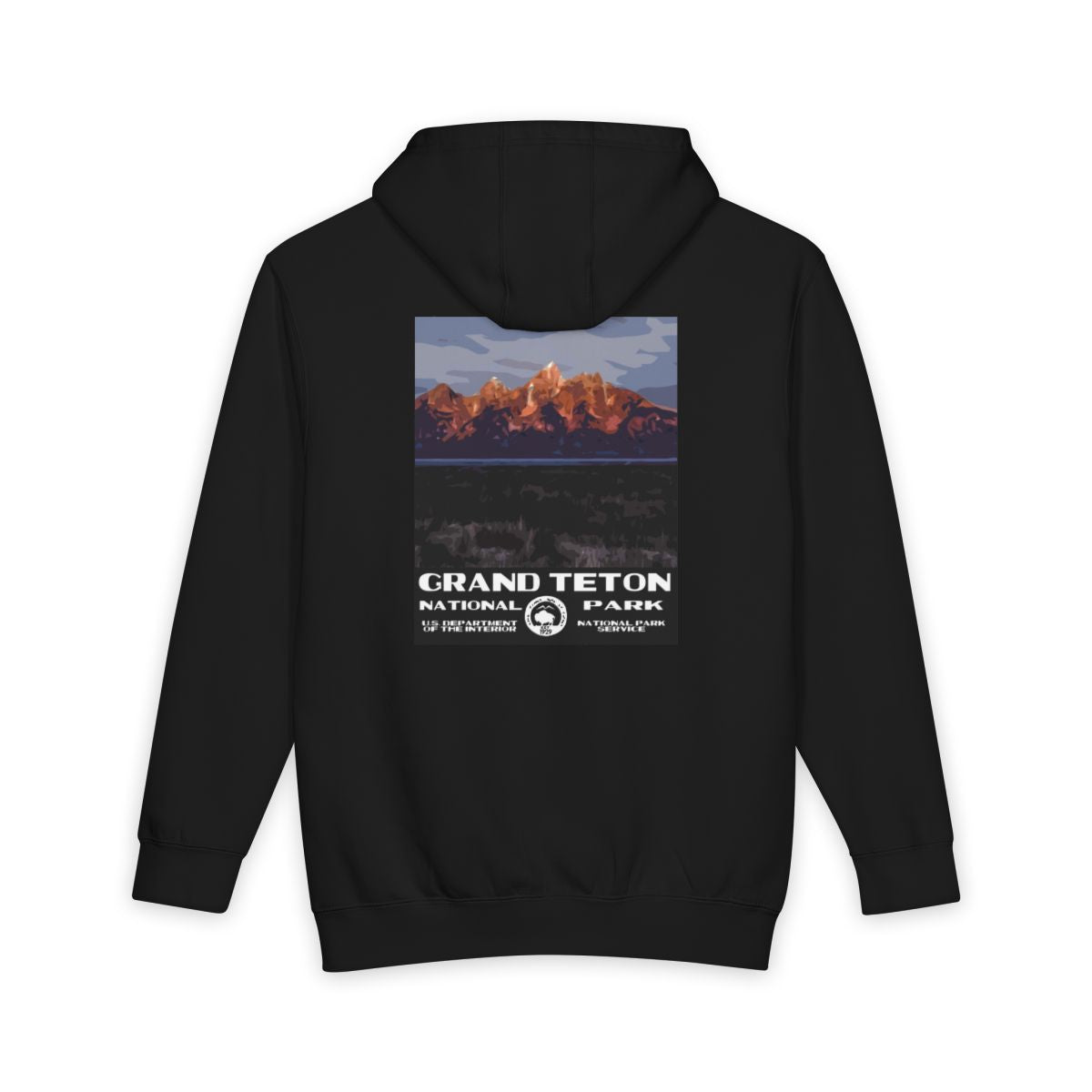 Black Grand Teton National Park hoodie, back view with sunrise poster artwork