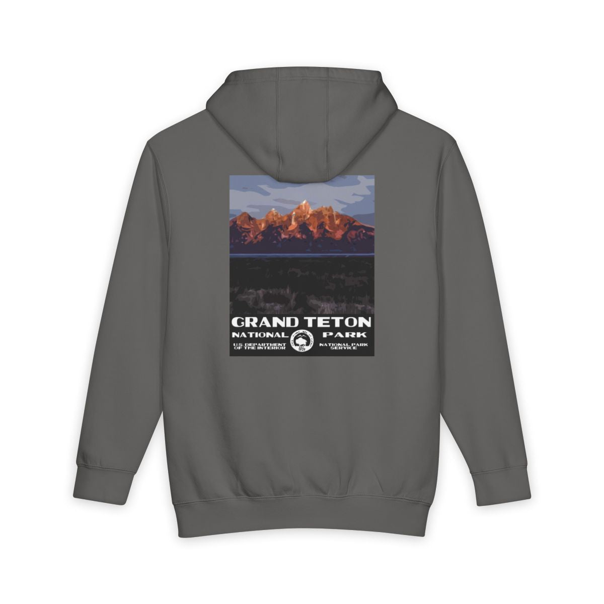 Storm Grand Teton National Park hoodie, back view with sunrise poster artwork