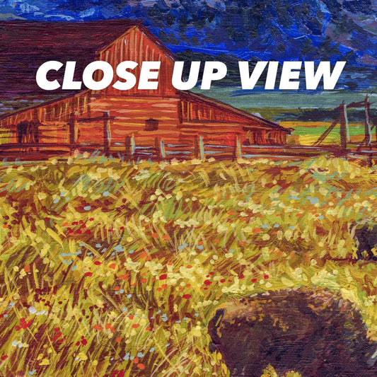 Close-up view of the Grand Teton National Park Starry Night poster artwork, showing colorful Van Gogh-inspired brushwork