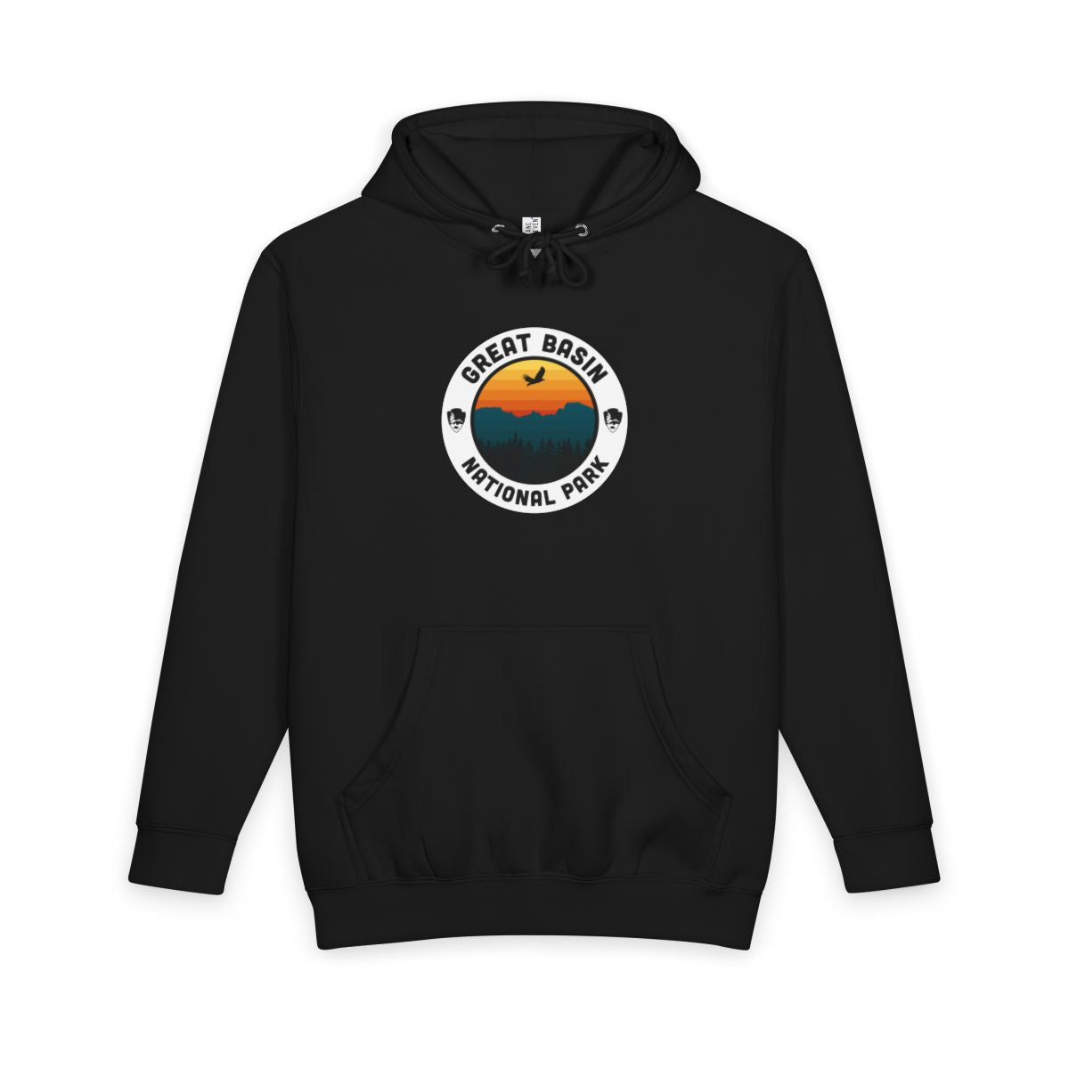 Black Great Basin National Park hoodie, front view with round emblem design
