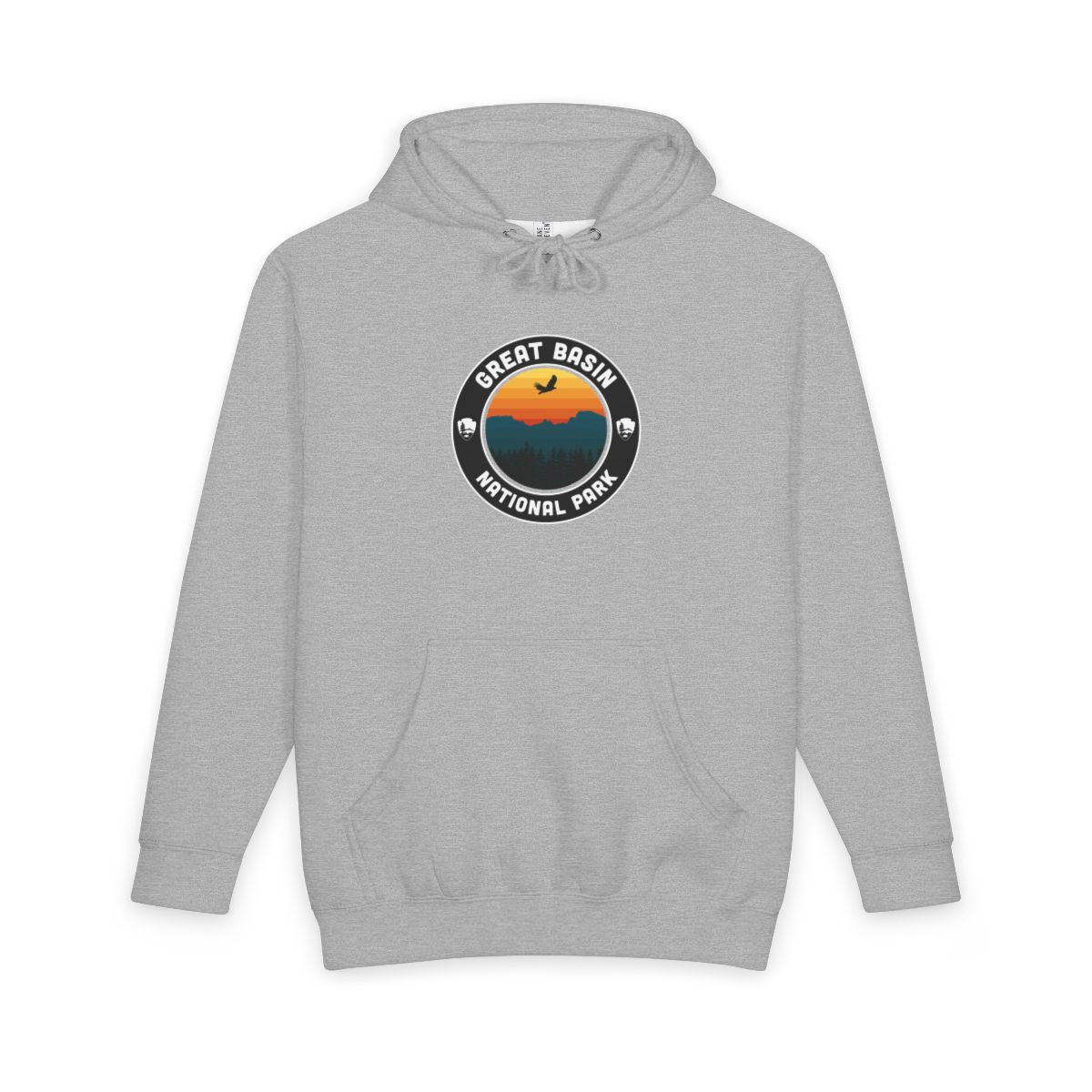 Heather Grey Great Basin National Park hoodie, front view with round emblem design