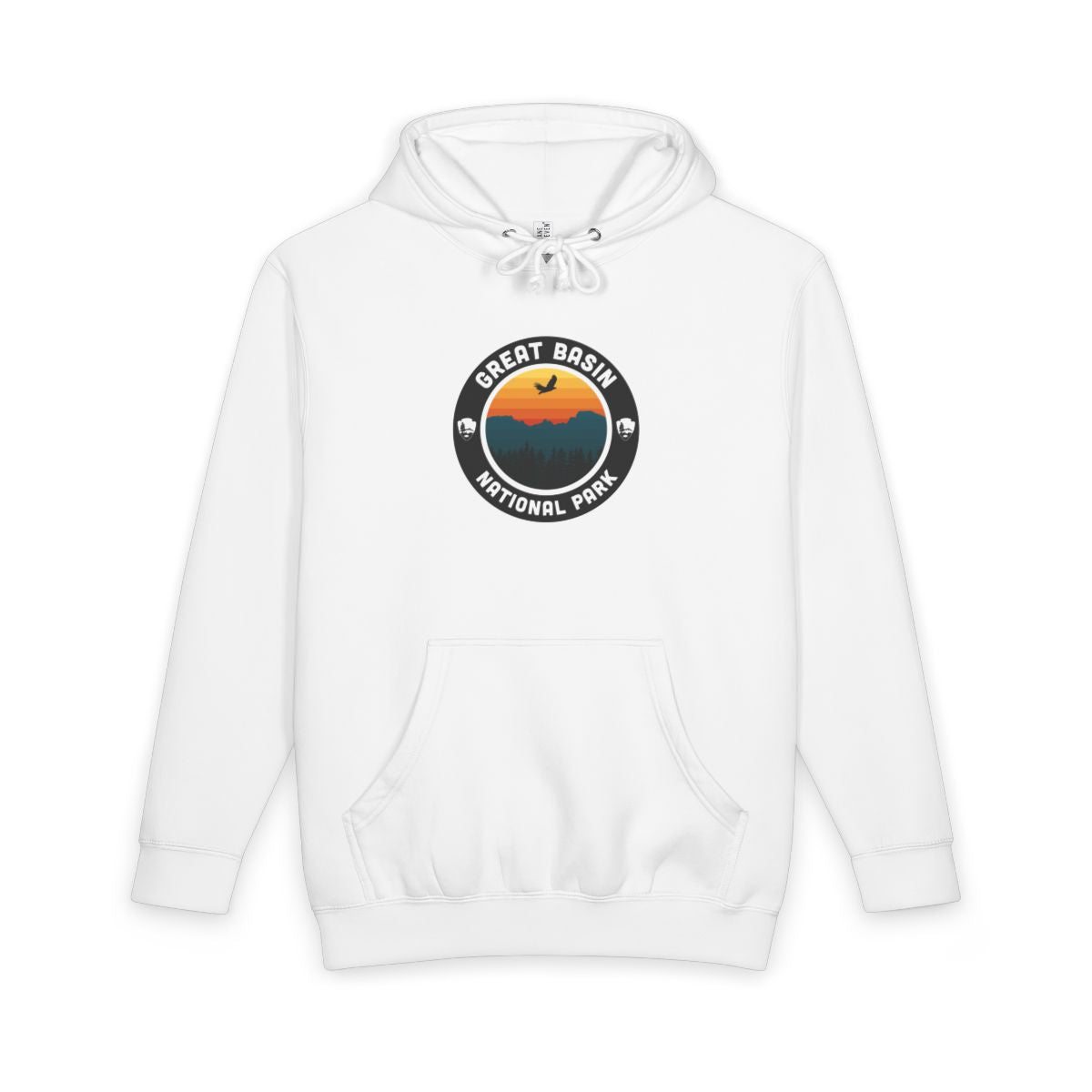 White Great Basin National Park hoodie, front view with round emblem design