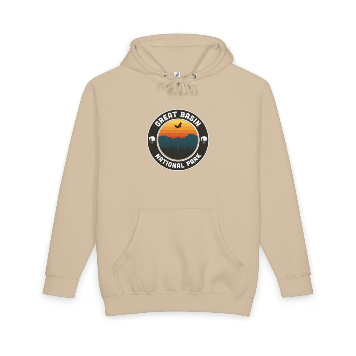 Mushroom Great Basin National Park hoodie, front view with round emblem design