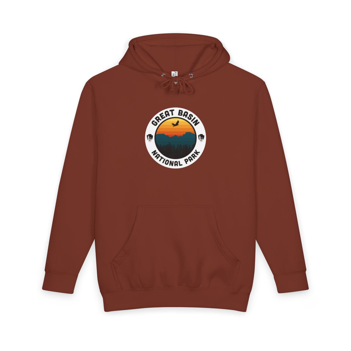 Paprika Great Basin National Park hoodie, front view with round emblem design