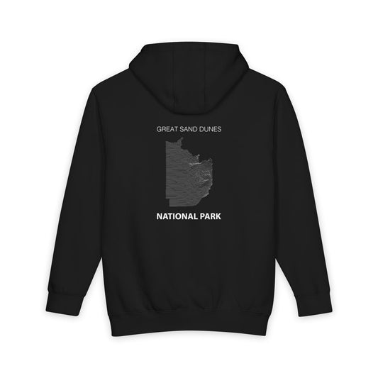 Black Great Sand Dunes National Park hoodie, back view with topographic line design