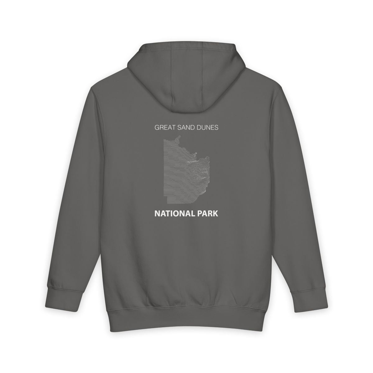 Storm Great Sand Dunes National Park hoodie, back view with topographic line design