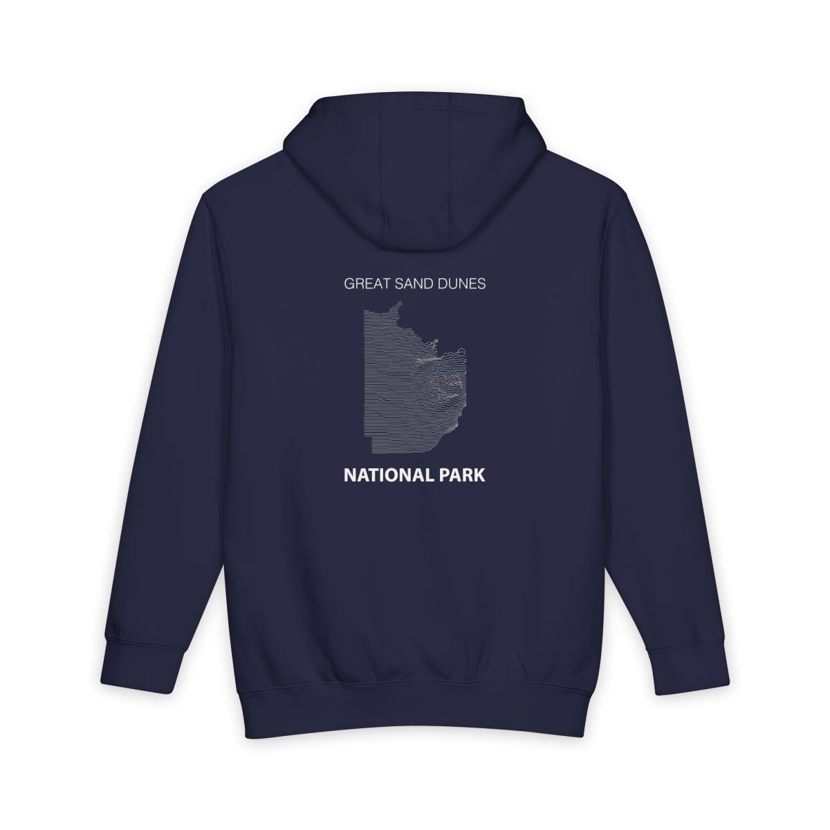 Navy Blue Great Sand Dunes National Park hoodie, back view with topographic line design