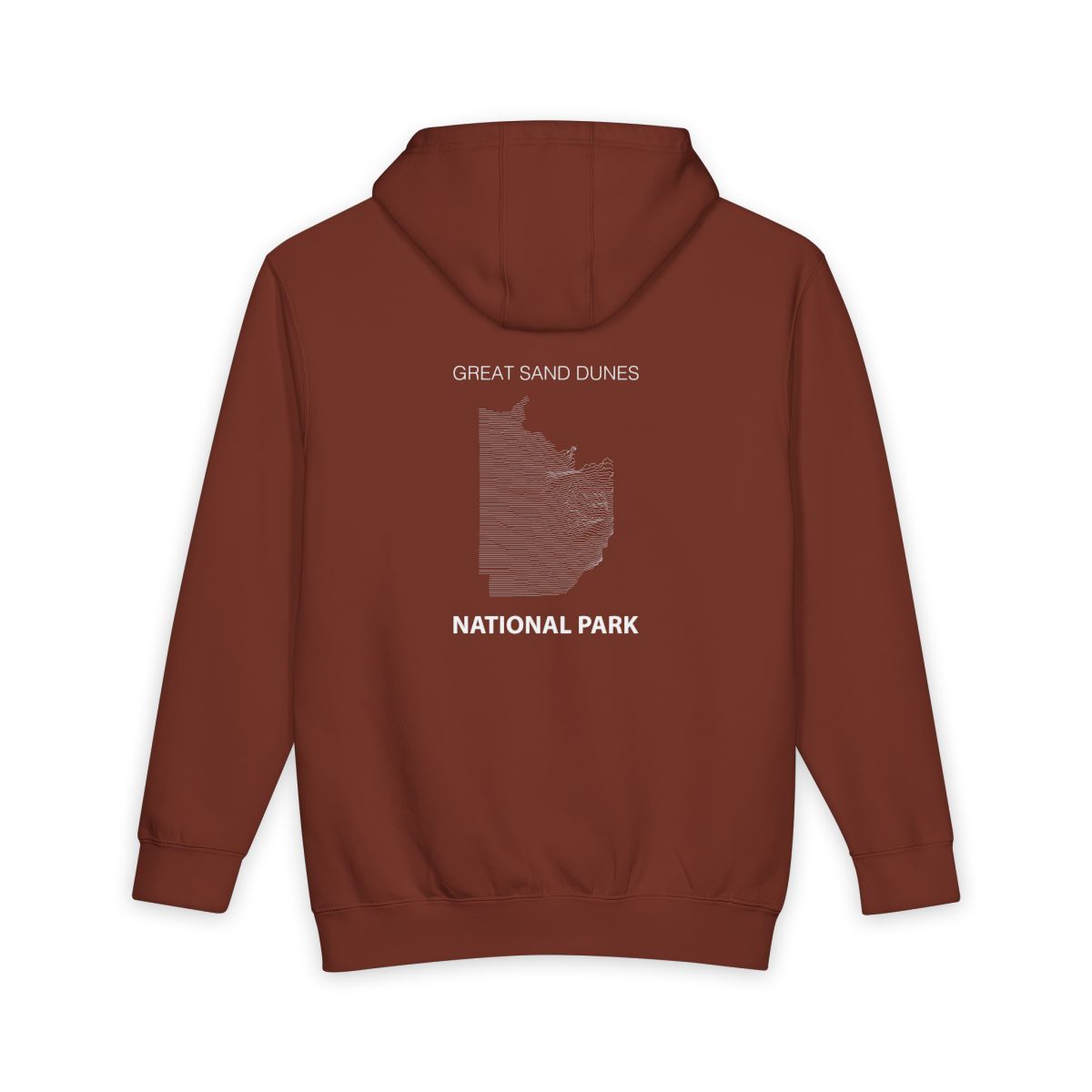 Paprika Great Sand Dunes National Park hoodie, back view with topographic line design