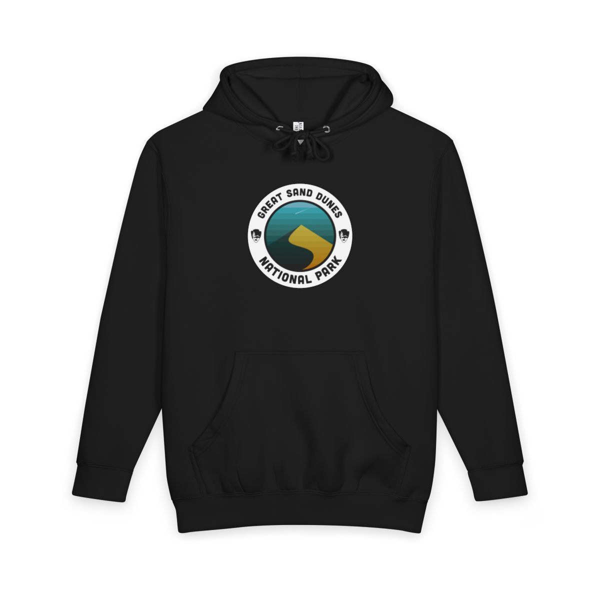 Black Great Sand Dunes National Park hoodie, front view with round emblem design