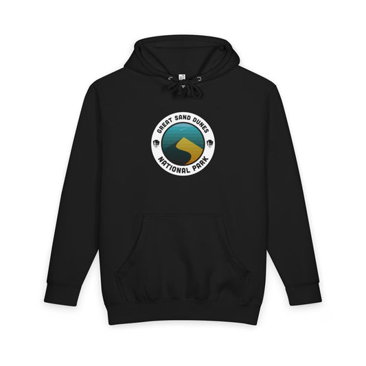 Black Great Sand Dunes National Park hoodie, front view with round emblem design
