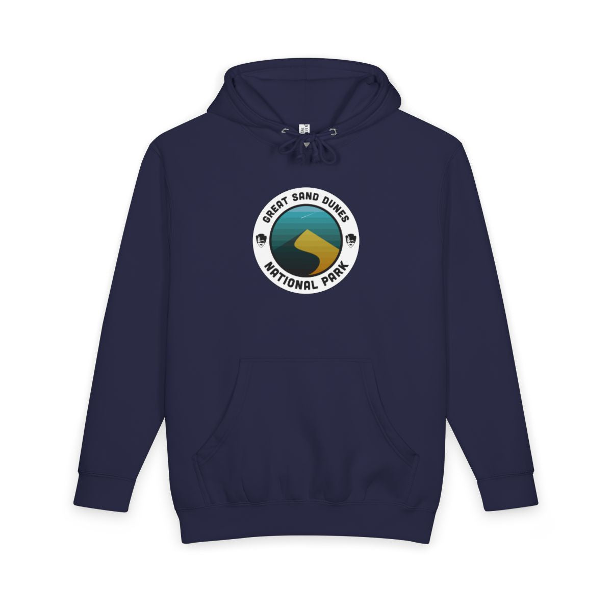 Navy Blue Great Sand Dunes National Park hoodie, front view with round emblem design
