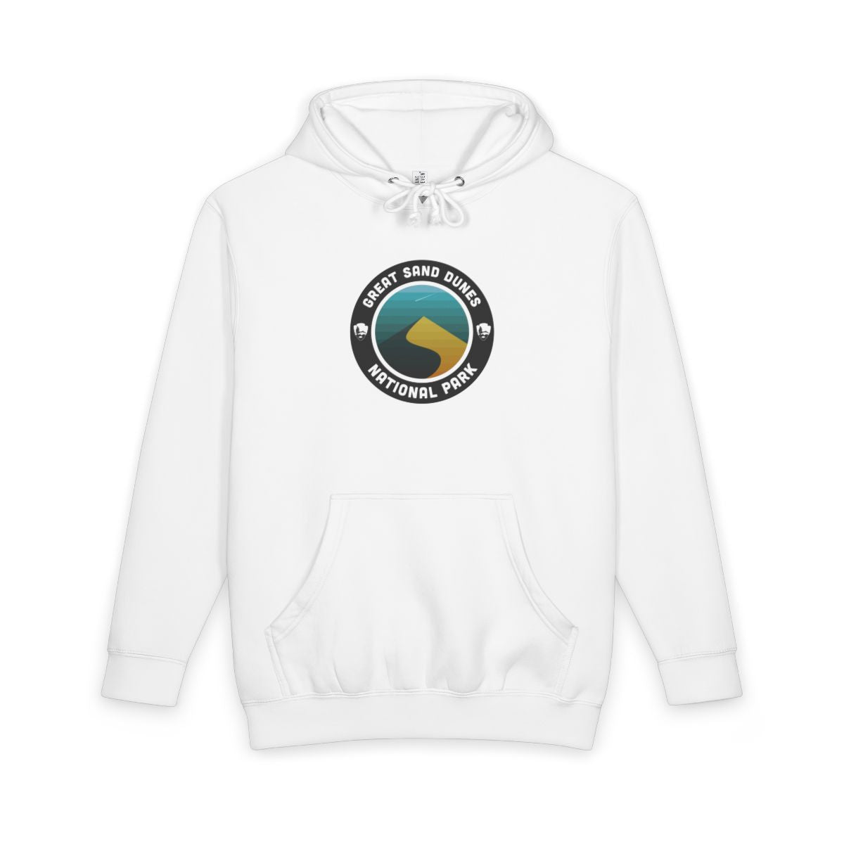 White Great Sand Dunes National Park hoodie, front view with round emblem design