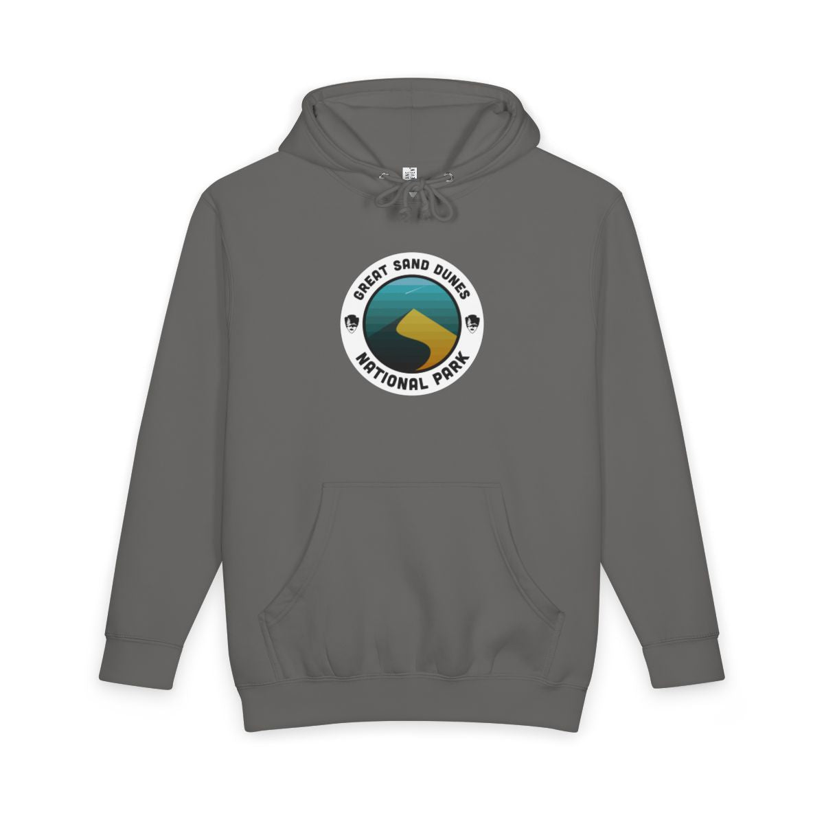 Storm Great Sand Dunes National Park hoodie, front view with round emblem design