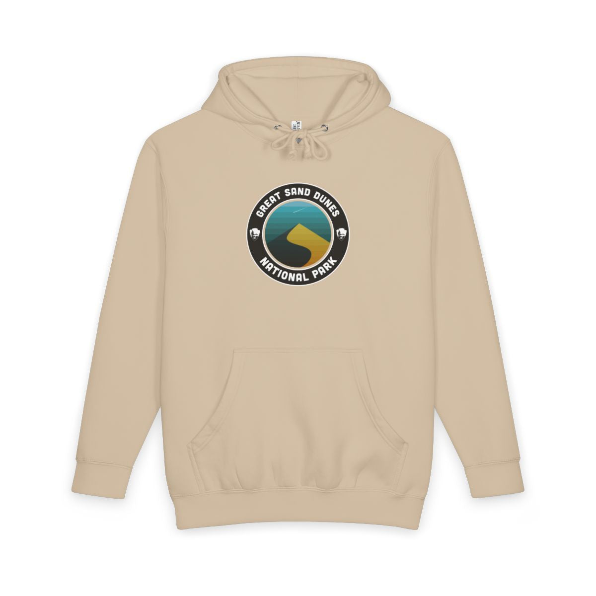 Mushroom Great Sand Dunes National Park hoodie, front view with round emblem design