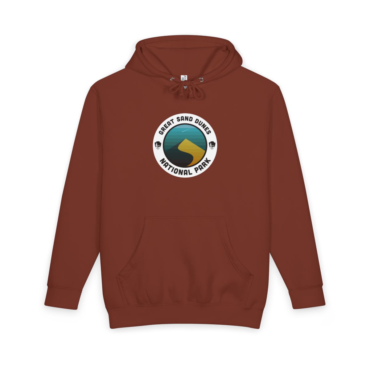 Paprika Great Sand Dunes National Park hoodie, front view with round emblem design