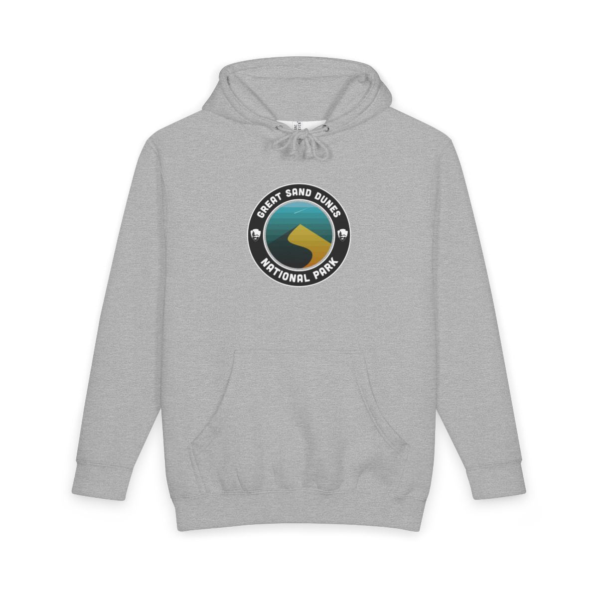 Heather Grey Great Sand Dunes National Park hoodie, front view with round emblem design