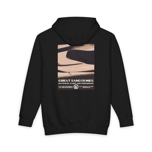 Black Great Sand Dunes National Park hoodie, back view with national park poster artwork
