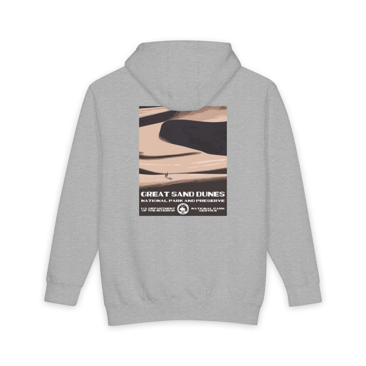 Heather Grey Great Sand Dunes National Park hoodie, back view with national park poster artwork