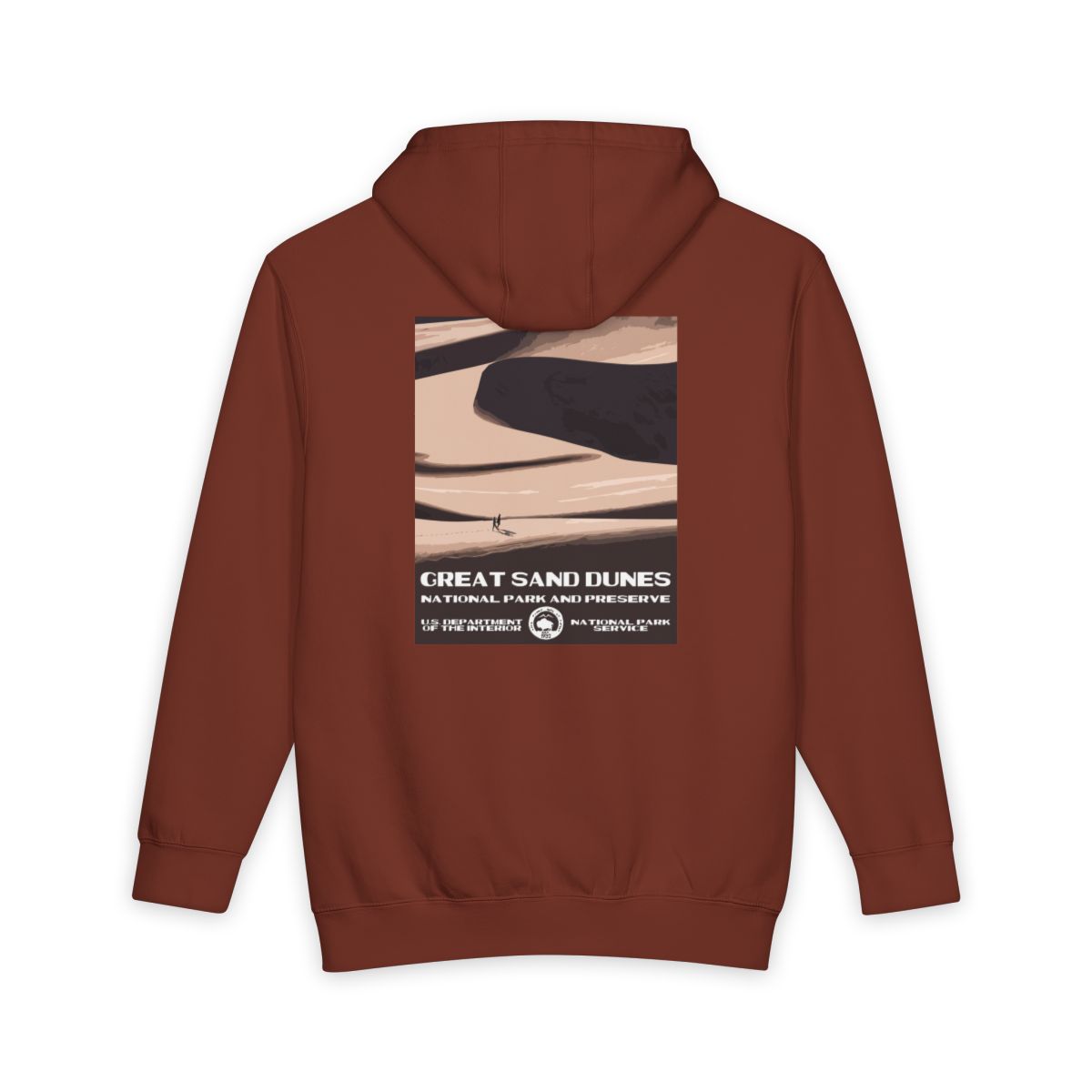 Paprika Great Sand Dunes National Park hoodie, back view with national park poster artwork