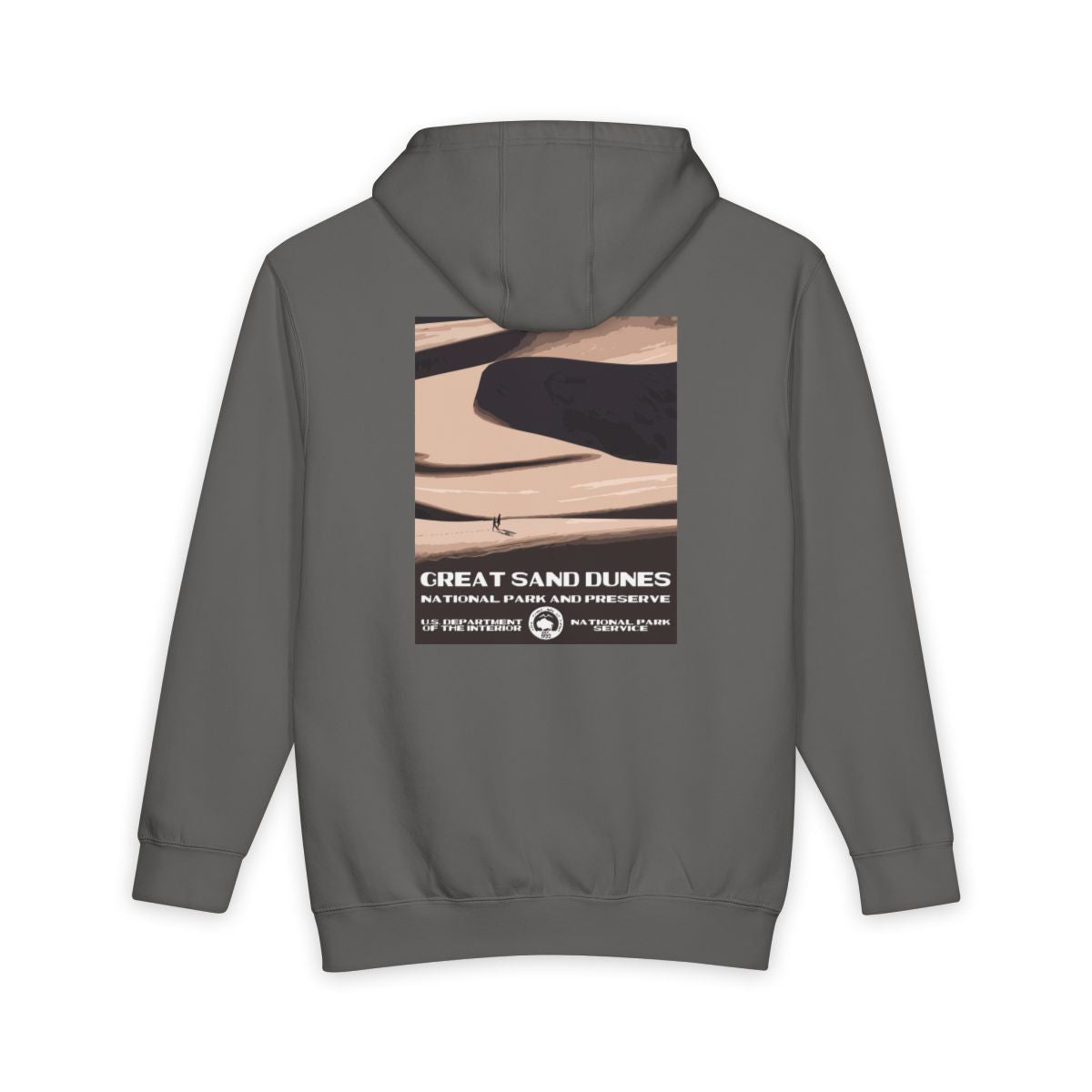 Storm Great Sand Dunes National Park hoodie, back view with national park poster artwork
