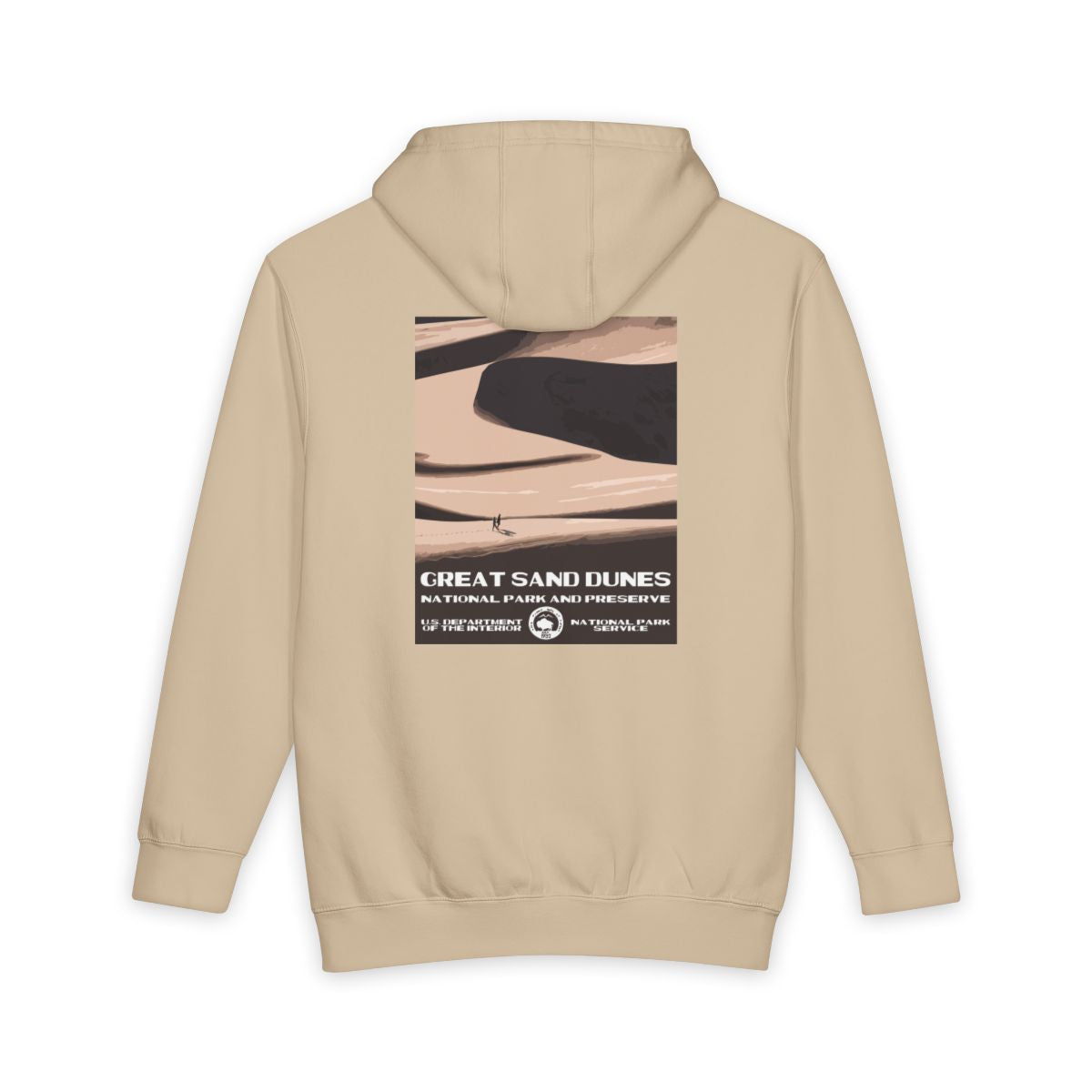 Mushroom Great Sand Dunes National Park hoodie, back view with national park poster artwork