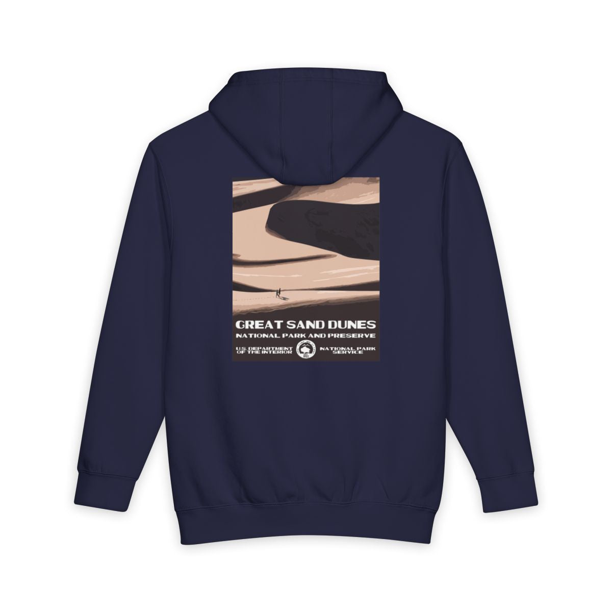 Navy Blue Great Sand Dunes National Park hoodie, back view with national park poster artwork