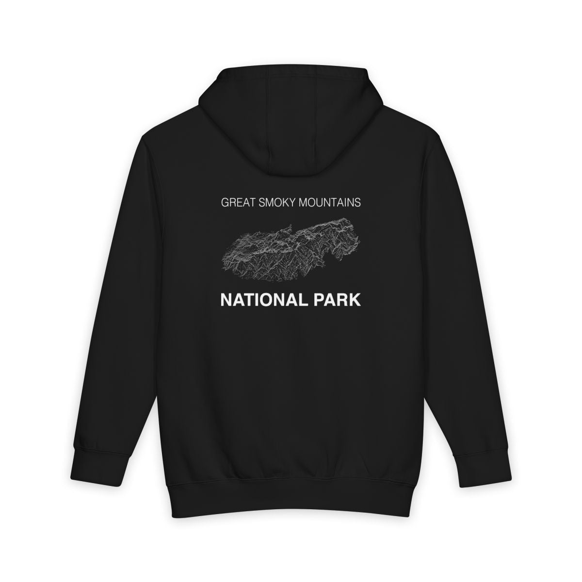 Black Great Smoky Mountains National Park hoodie, back view with topographic line design