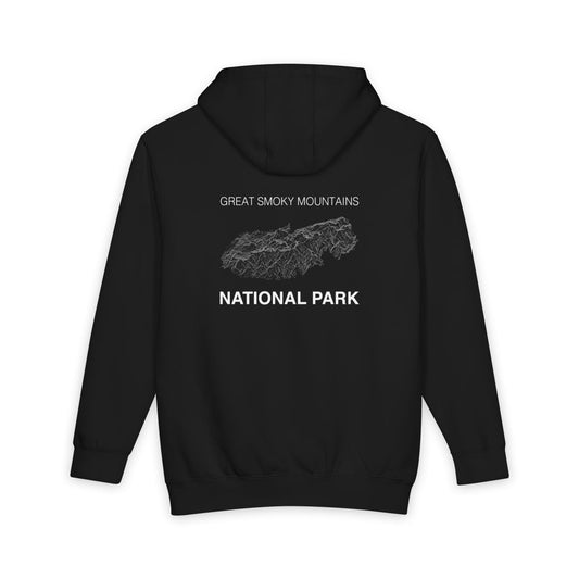 Black Great Smoky Mountains National Park hoodie, back view with topographic line design