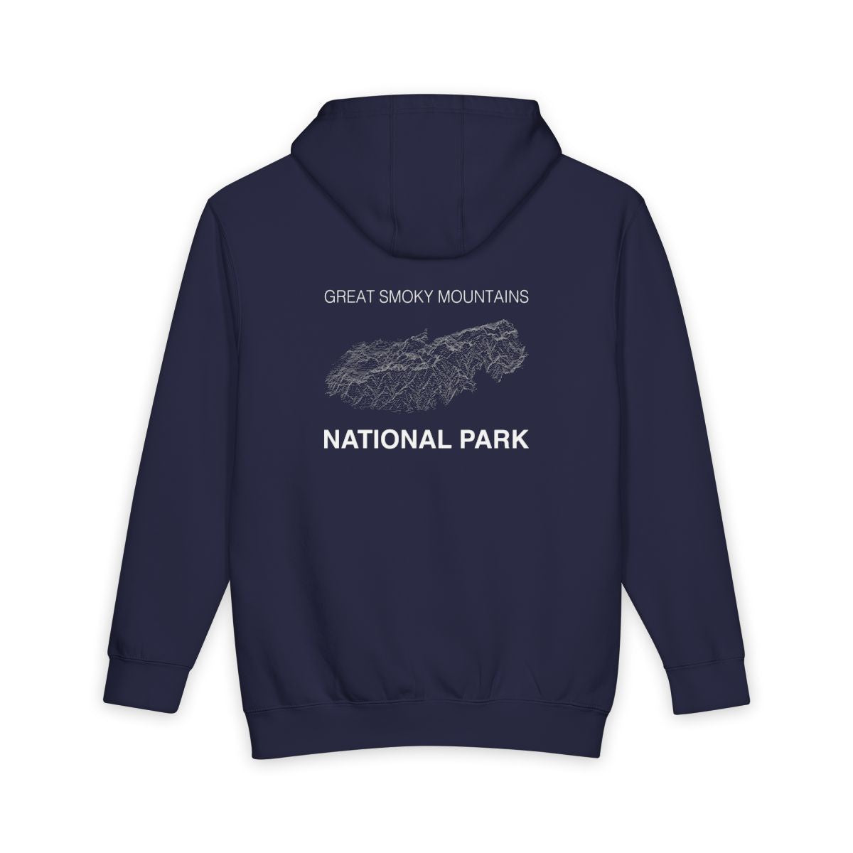 Navy Blue Great Smoky Mountains National Park hoodie, back view with topographic line design