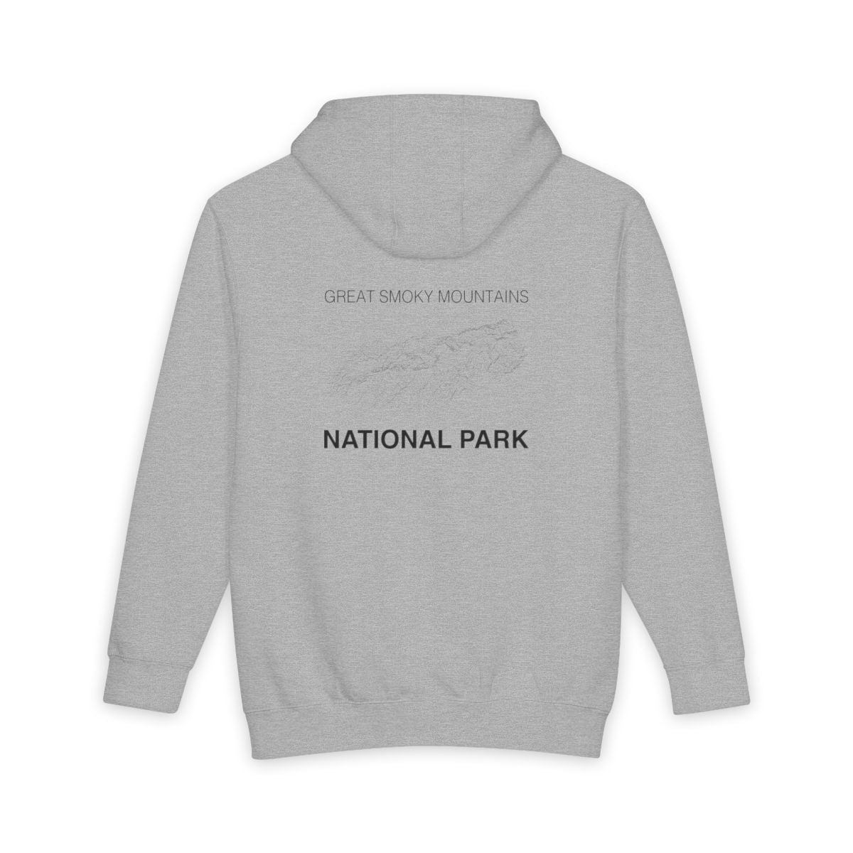 Heather Grey Great Smoky Mountains National Park hoodie, back view with topographic line design