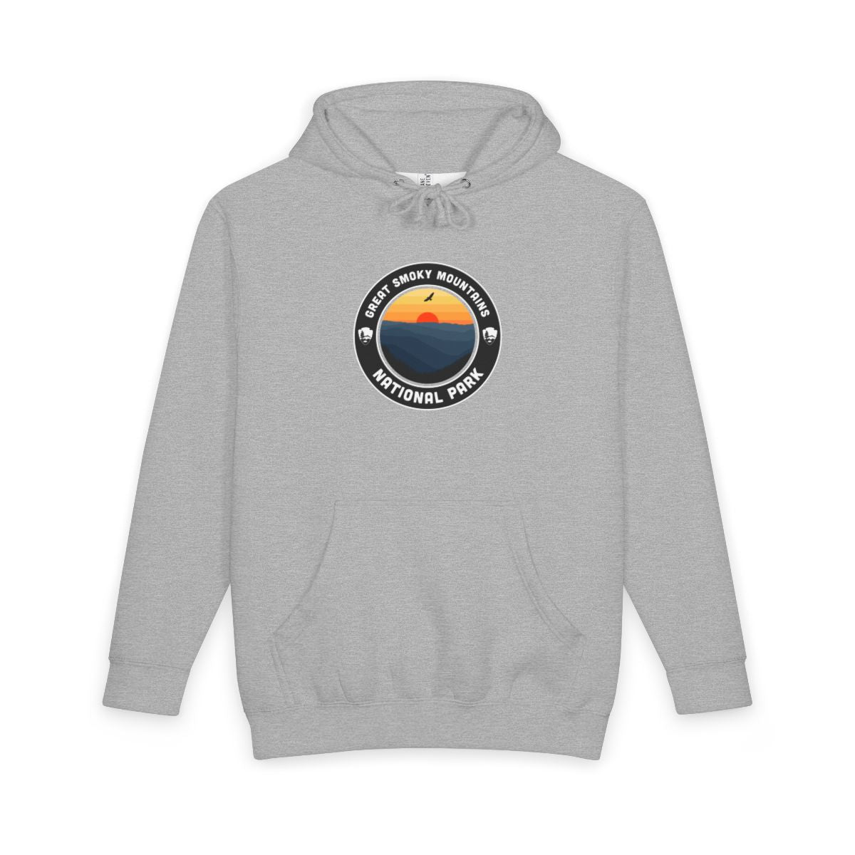 Heather Grey Great Smoky Mountains National Park hoodie, front view with round emblem design