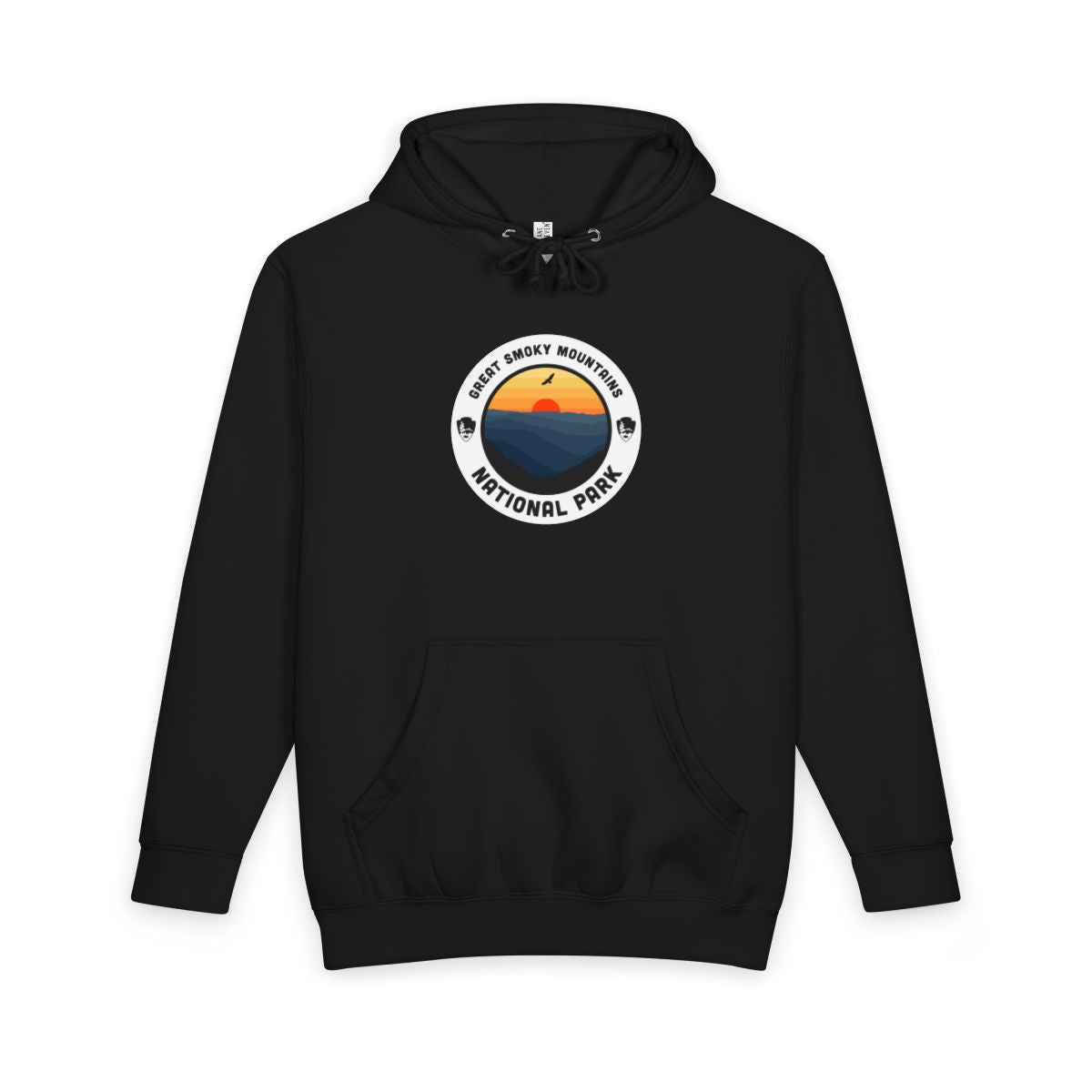Black Great Smoky Mountains National Park hoodie, front view with round emblem design